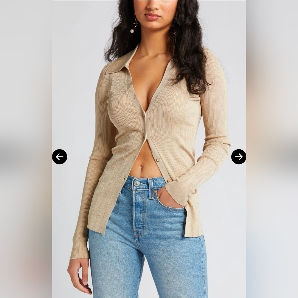 OPEN EDIT Collared Ribbed Button Cardigan